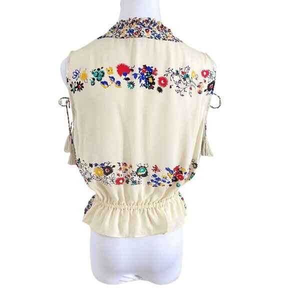 NWOT DEREK LAM 10 CROSBY 100% SILK FLORAL SLEEVELESS SMOCKED TASSEL BLOUSE - XS - Picture 3 of 10